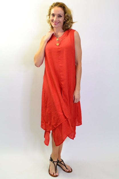Burnt orange sleeveless button tunic dress by La Mode, featuring a relaxed fit, V-neck, and simple button details.