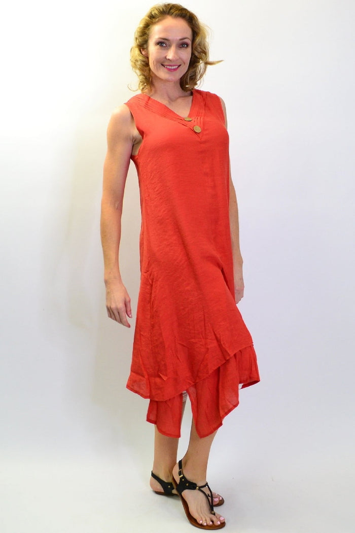Burnt orange sleeveless button tunic dress by La Mode, featuring a relaxed fit and stylish collar detail.