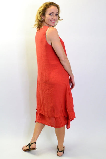 Burnt orange sleeveless button tunic dress by La Mode, casual style with front buttons and relaxed fit, displayed on a plain background.