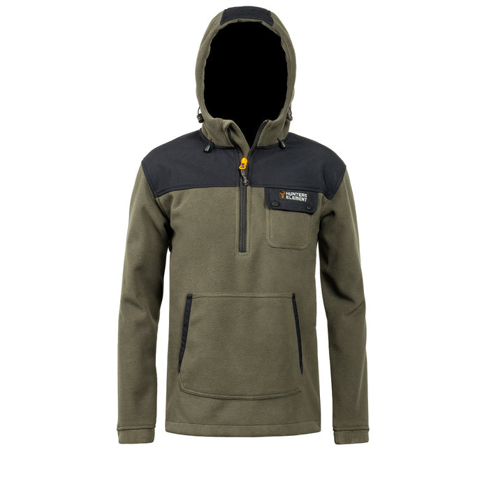 A kid's half zip bush coat in green color with a hood, featuring a chest pocket and a domed chest guard. The coat is marked as made from 22 recycled plastic bottles.