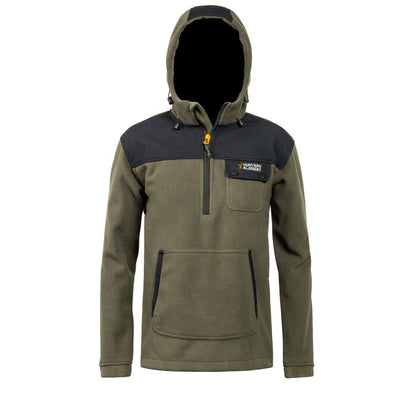 A kid's half zip bush coat in green color with a hood, featuring a chest pocket and a domed chest guard. The coat is marked as made from 22 recycled plastic bottles.