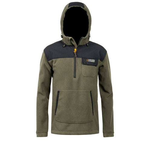 A kid's half zip bush coat in green color with a hood, featuring a chest pocket and a domed chest guard. The coat is marked as made from 22 recycled plastic bottles.