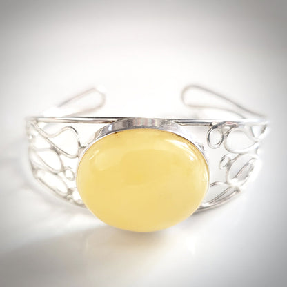 yellow butterscotch natural amber cuff silver  bracelet