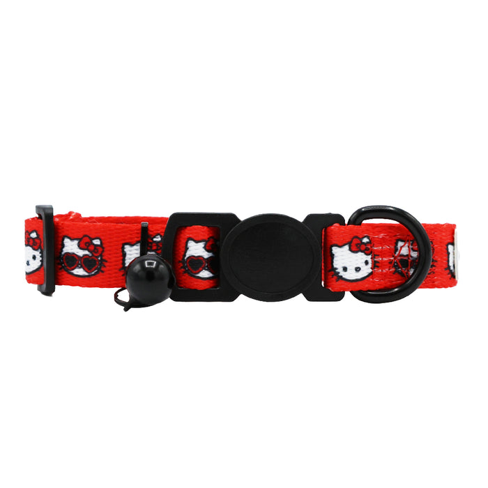 The Sassy Woof Cat Bundle - Hello Kitty® Red Classic features a red collar with black hardware, a bell, and a playful Hello Kitty pattern—ideal for fans wanting stylish, adjustable pet accessories.