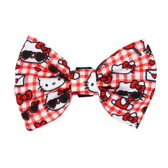The Sassy Woof Cat Bundle - Hello Kitty® Red Classic features a red and white plaid bow with adorable Hello Kitty faces, sunglasses, small red bows, and envelopes—ideal to pair with adjustable pet accessories or a Sanrio harness bundle.
