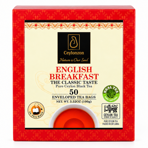 Ceylonzon English Breakfast Pure Ceylon Black Tea 100g (3.5 oz) – 50 Individually Enveloped Tea Bags