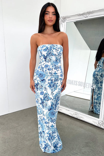 Charms Strapless Maxi Dress - Blue Floral