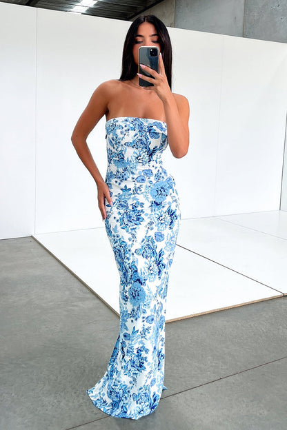 Charms Strapless Maxi Dress - Blue Floral