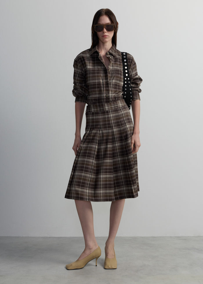CHECKED PLEATED MIDI SKIRT