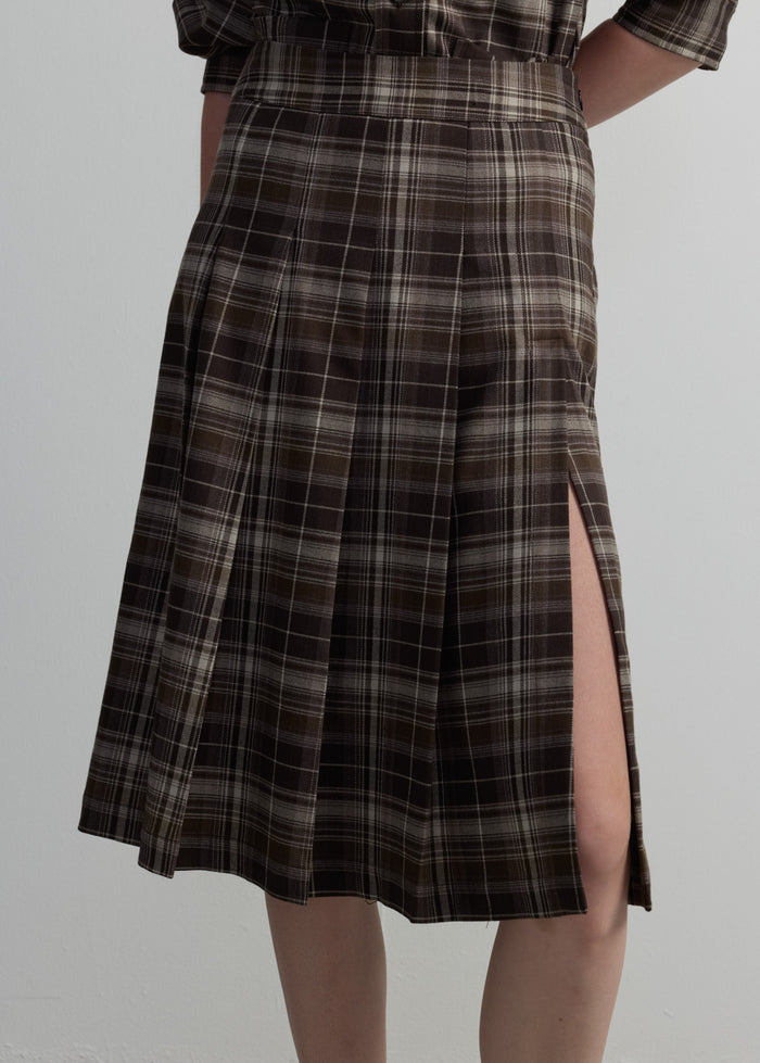CHECKED PLEATED MIDI SKIRT