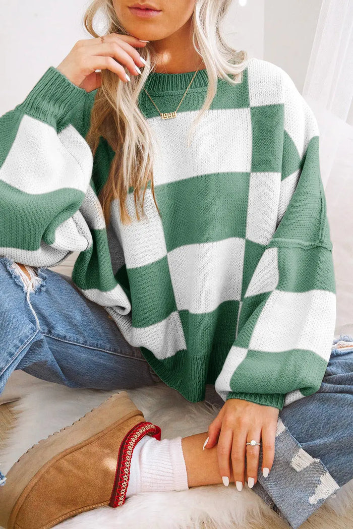 Checkered Bishop Sleeve Sweater - Green / S - Sweaters & Cardigans/Sweaters