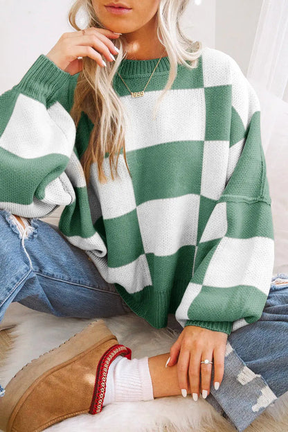 Checkered Bishop Sleeve Sweater - Green / S - Sweaters & Cardigans/Sweaters
