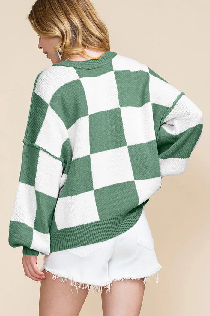 Checkered Bishop Sleeve Sweater - Sweaters & Cardigans/Sweaters