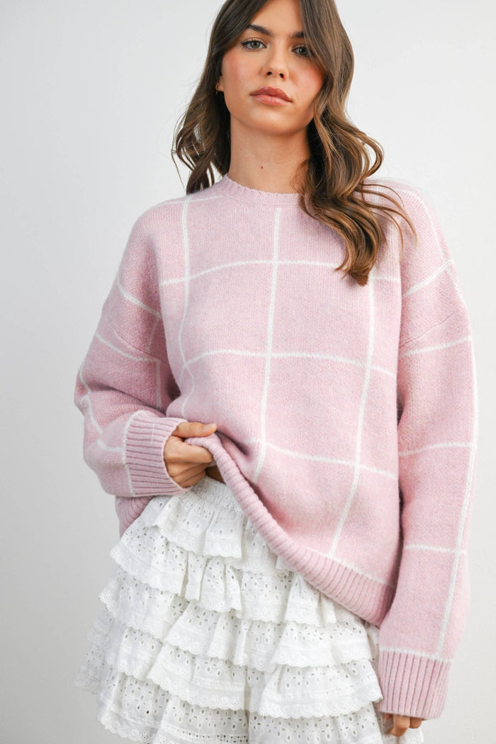 Checkered Crew Neck Knit Sweater - Intimate Whispers