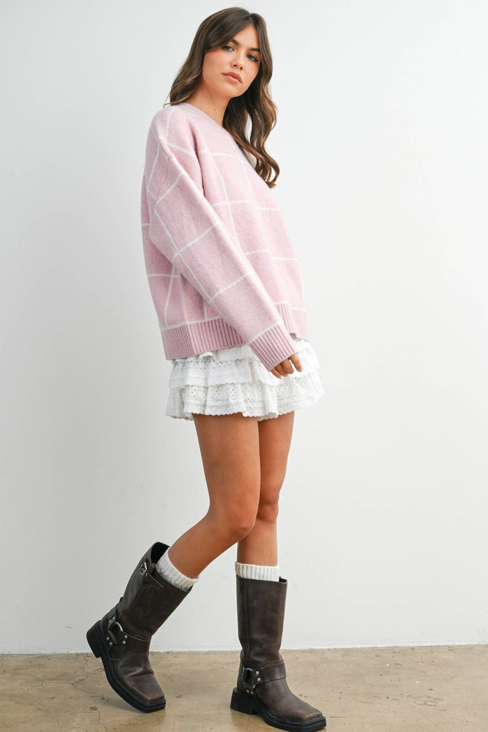 Checkered Crew Neck Knit Sweater - Intimate Whispers