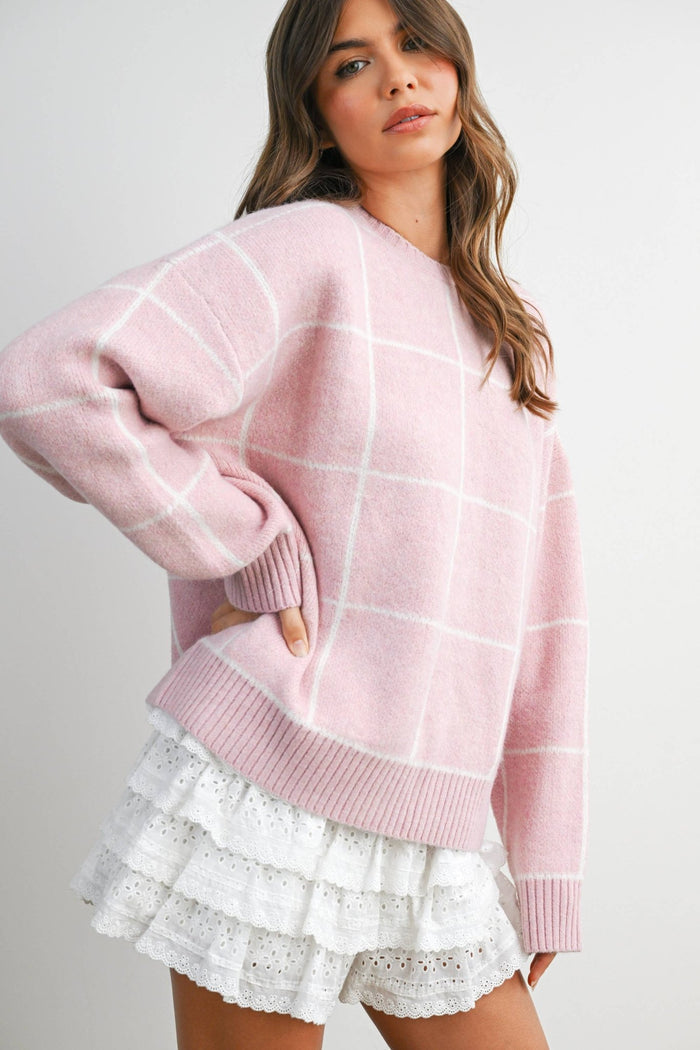 Checkered Crew Neck Knit Sweater - Intimate Whispers