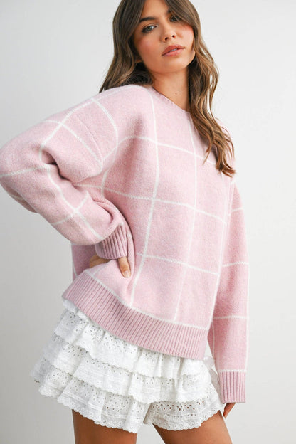 Checkered Crew Neck Knit Sweater - Intimate Whispers