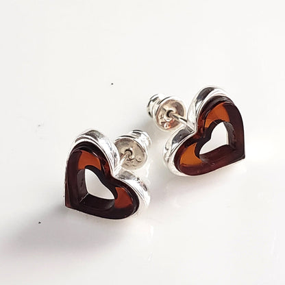 Cherry Amber in Silver Heart Stud Earrings BuyRussianGifts Store