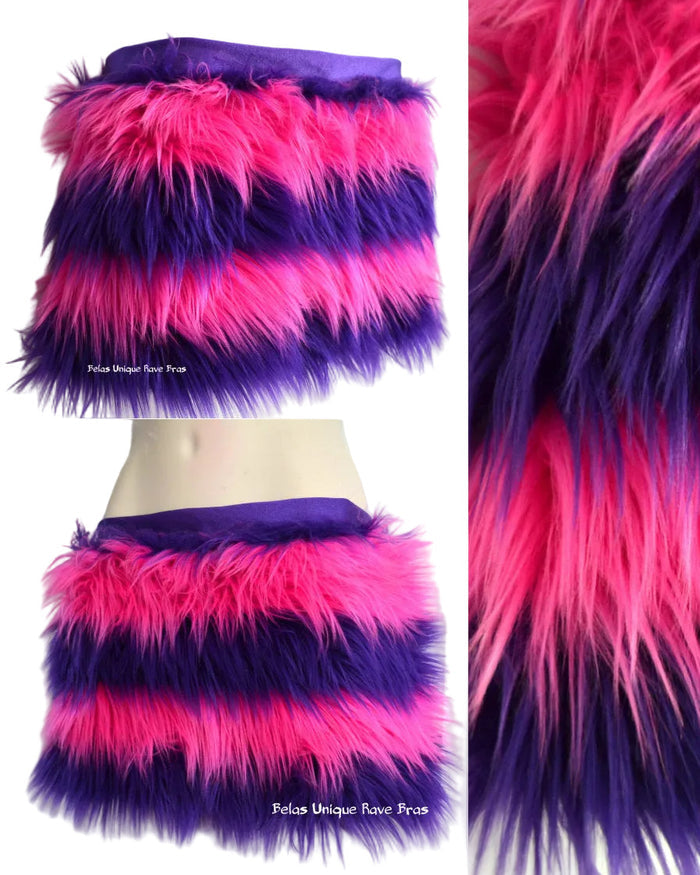 Cheshire Cat Inspired Fur Rave Skirt With Pink and Purple Stripes