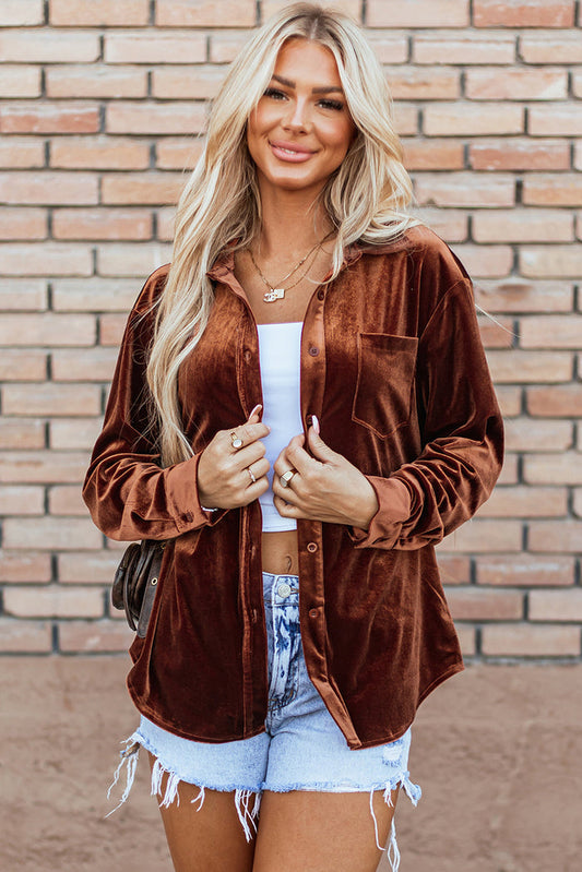 Chestnut Chest Pocket Velvet Shirt - CHESTNUT / S / 95% POLYESTER + 5% ELASTANE - Tops/Blouses & Shirts