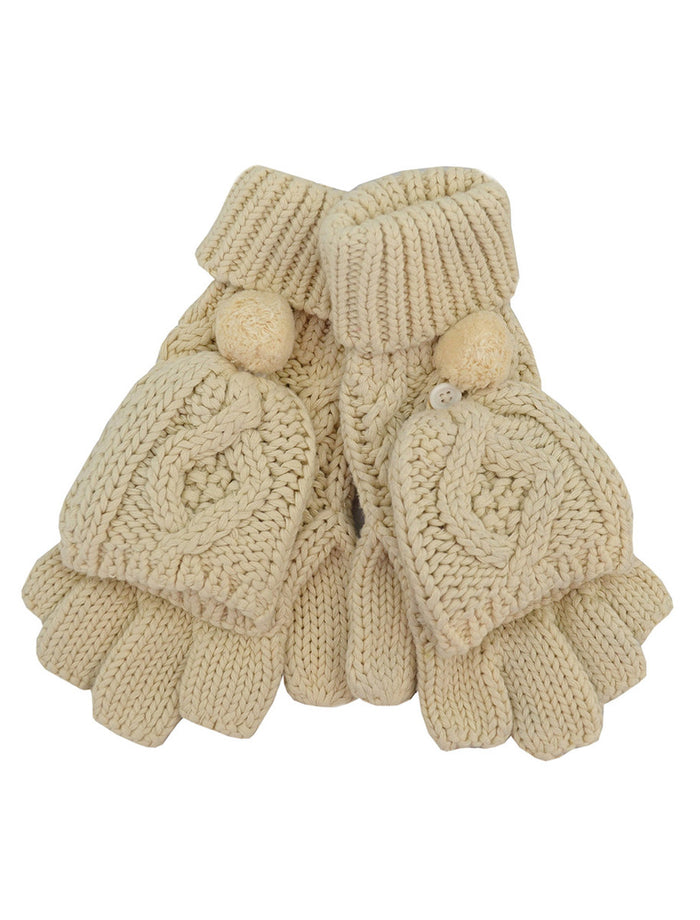 Chunky Aran Knit Pom Pom Mittens - Natural White #color-natural-white