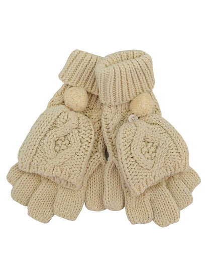 Chunky Aran Knit Pom Pom Mittens - Natural White #color-natural-white