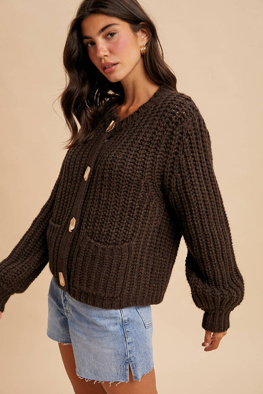 Chunky Button Cable Knit Cardigan - Mocha - Intimate Whispers