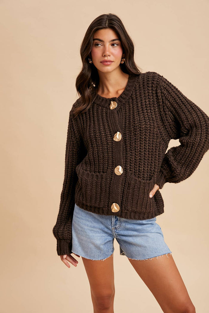 Chunky Button Cable Knit Cardigan - Mocha - Intimate Whispers