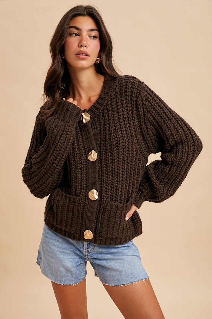 Chunky Button Cable Knit Cardigan - Mocha - Intimate Whispers