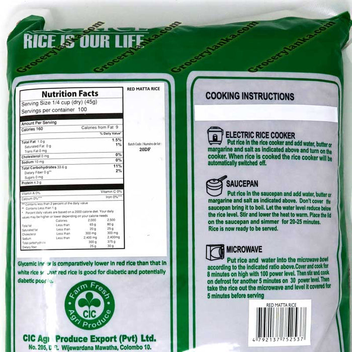 CIC Red Matta Rice 10lb Facts