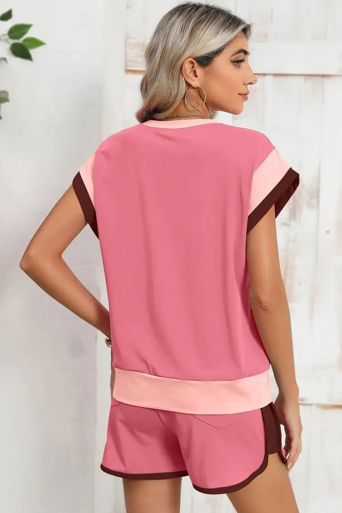 Colour Block Loose Fit Top & Elastic Waist Shorts Set - Two Piece Sets/Short Sets