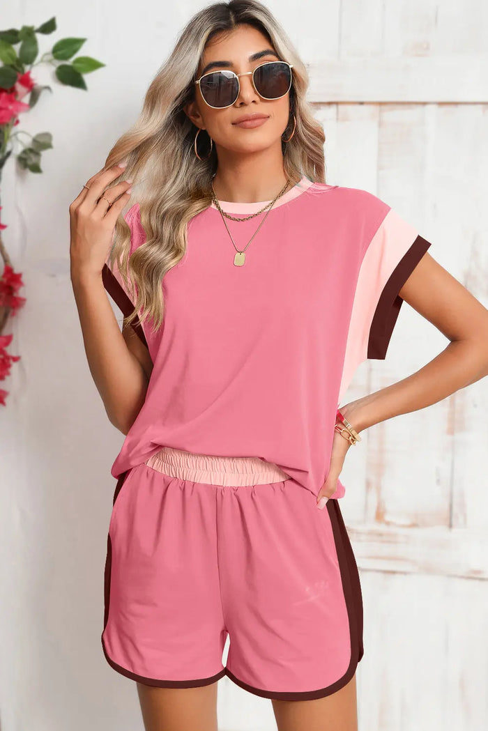 Colour Block Loose Fit Top & Elastic Waist Shorts Set - Two Piece Sets/Short Sets