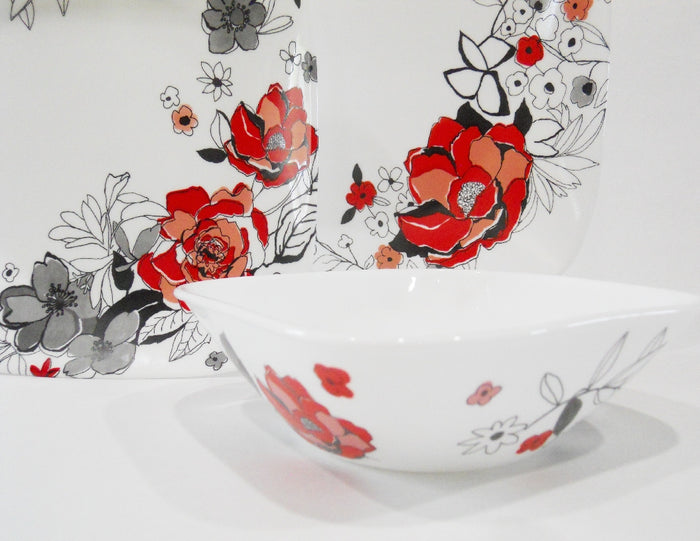 ❤️ Corelle CHELSEA ROSE Square 22-oz SOUP BOWL Cereal 6.5" *Red Black Grey Floral