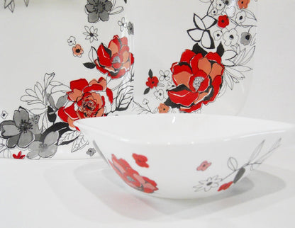❤️ Corelle CHELSEA ROSE Square 22-oz SOUP BOWL Cereal 6.5" *Red Black Grey Floral