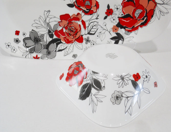 ❤️ Corelle CHELSEA ROSE Square 22-oz SOUP BOWL Cereal 6.5" *Red Black Grey Floral