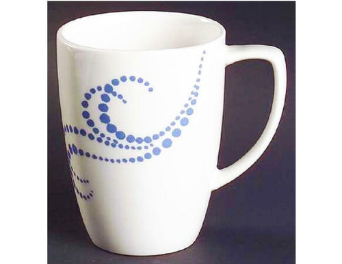 Corelle Square WHIMSICAL DOTS 12oz PORCELAIN MUG 4 1/2 Cup BLUE Scrolling Swirls