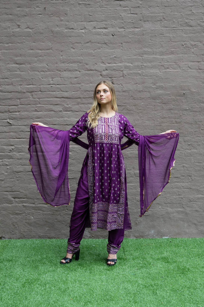 Cotton  Block Printed Tyrian Purple With Straight pants Set