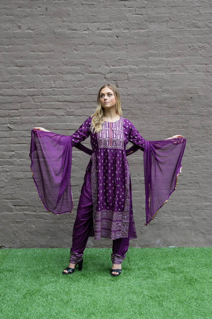 Cotton  Block Printed Tyrian Purple With Straight pants Set