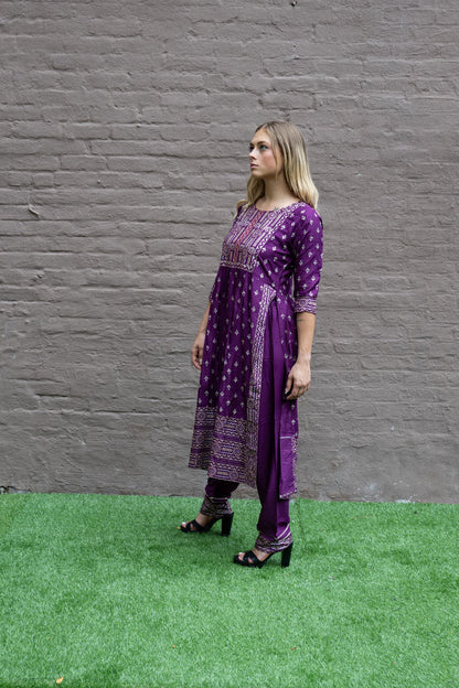 Cotton  Block Printed Tyrian Purple With Straight pants Set