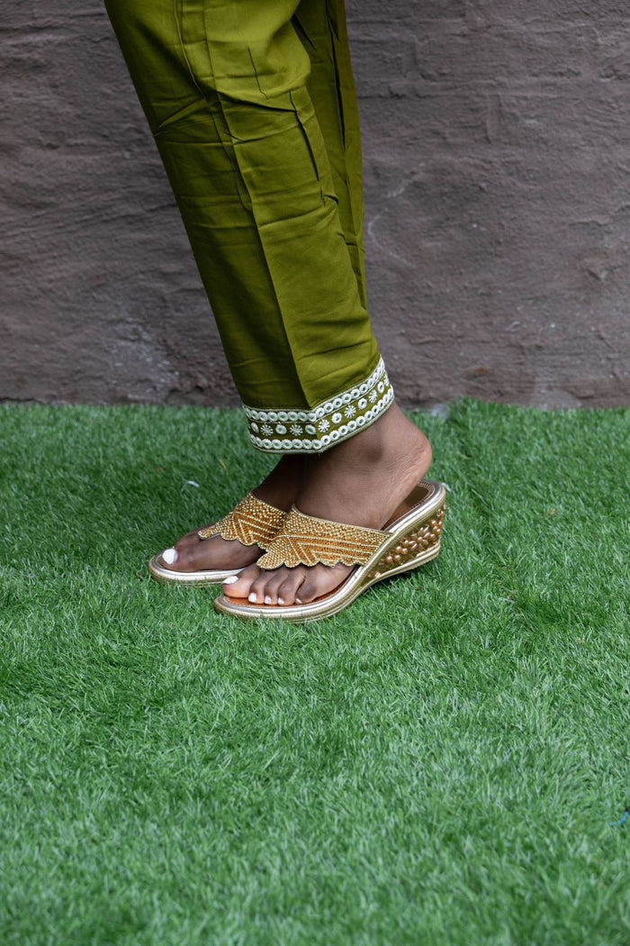 Cotton Embroidered Golden Yellow With Contrast Olive Green Straight pants Set