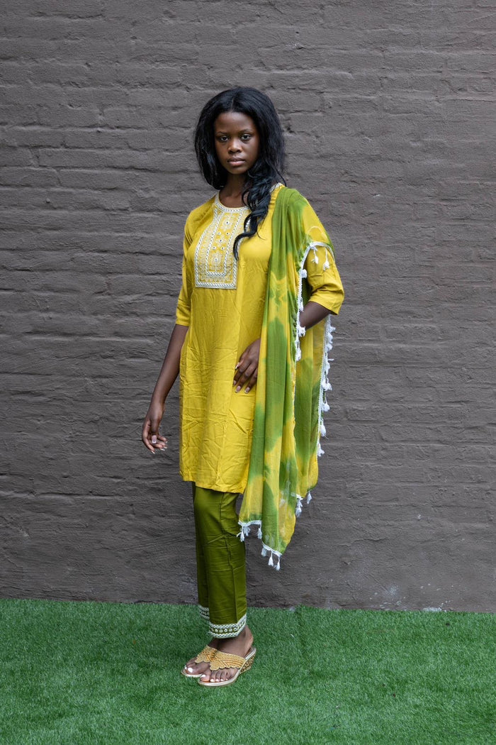 Cotton Embroidered Golden Yellow With Contrast Olive Green Straight pants Set