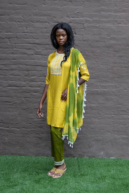 Cotton Embroidered Golden Yellow With Contrast Olive Green Straight pants Set