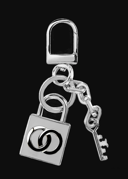 Black and white graphic of a lock and key