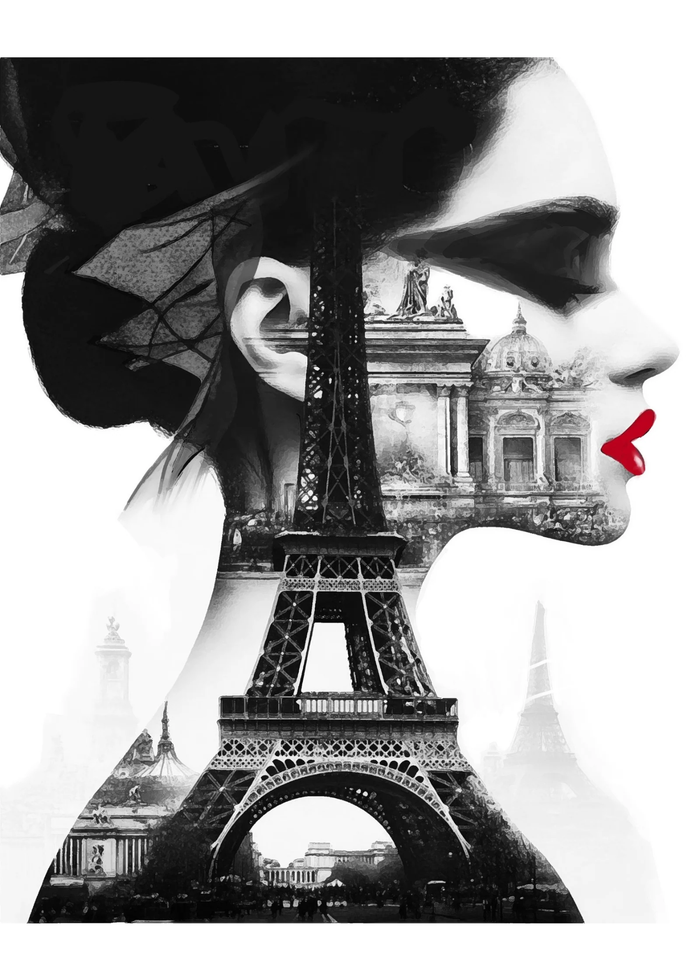 Graphic of the profile of a women's face and the Paris skyline