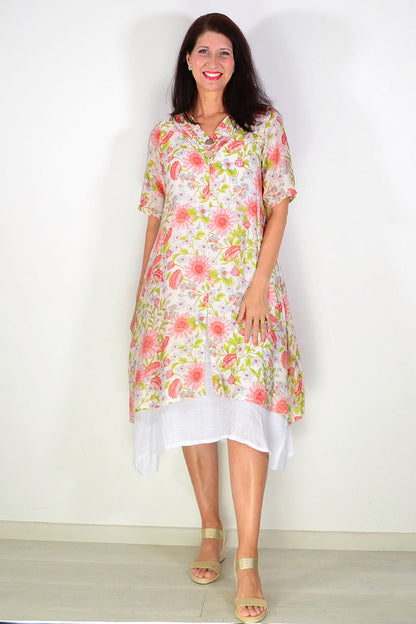 Cream flower print summer tunic dress by La Mode, featuring a flowy design and floral pattern suitable for warm weather.