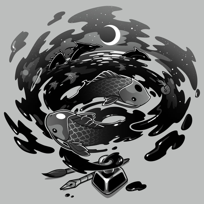 Premium Cotton T-shirt_TeeTurtle Creative Flow silver gray t-shirt featuring a swirling vortex of ink coming from an inkwell, with sea creatures and dragons swimming in it.