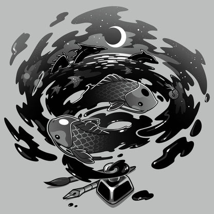 Premium Cotton T-shirt_TeeTurtle Creative Flow silver gray t-shirt featuring a swirling vortex of ink coming from an inkwell, with sea creatures and dragons swimming in it.