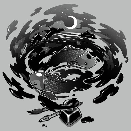 Premium Cotton T-shirt_TeeTurtle Creative Flow silver gray t-shirt featuring a swirling vortex of ink coming from an inkwell, with sea creatures and dragons swimming in it.