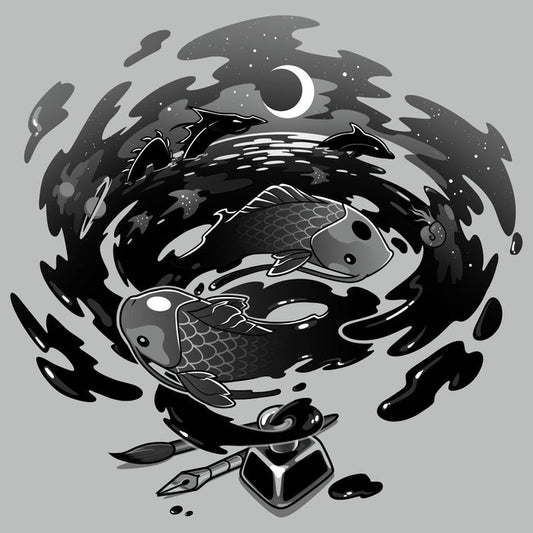 Premium Cotton T-shirt_TeeTurtle Creative Flow silver gray t-shirt featuring a swirling vortex of ink coming from an inkwell, with sea creatures and dragons swimming in it.