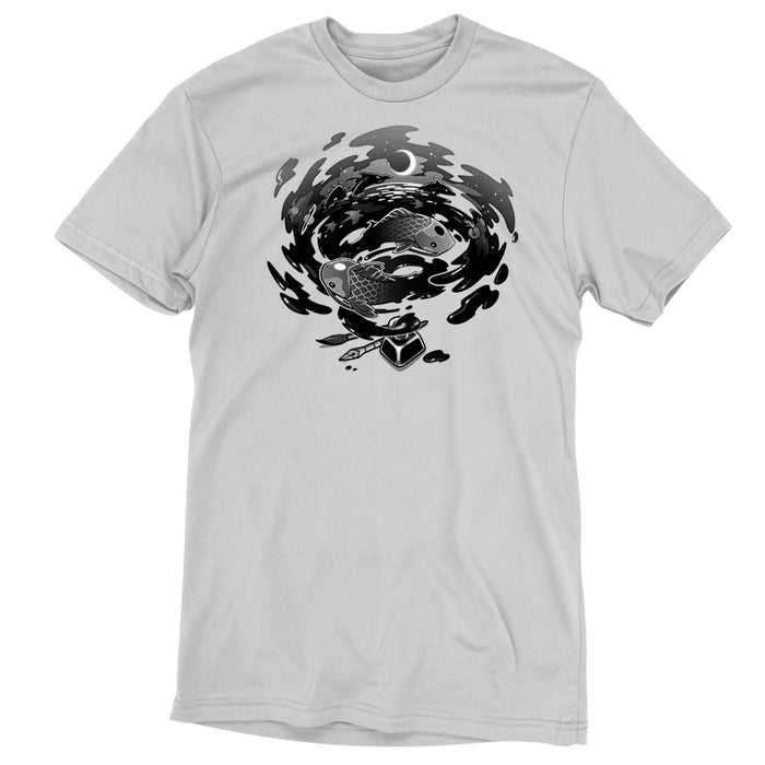 Premium Cotton T-shirt_TeeTurtle Creative Flow silver gray apparel featuring a swirling vortex of ink coming from an inkwell, with sea creatures and dragons swimming in it.